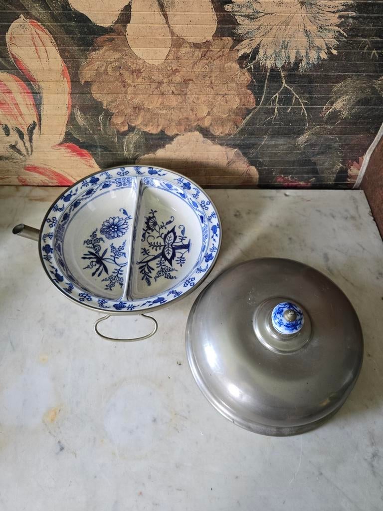 Antiek warmhoudbord meissen blue onion cloche, Ophalen of Verzenden