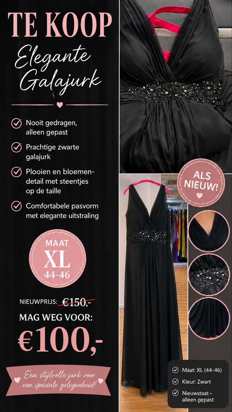 Elegante Zwarte Galajurk - Maat XL (44-46), Kleding | Dames, Jurken, Ophalen of Verzenden, Zo goed als nieuw, Maat 46/48 (XL) of groter