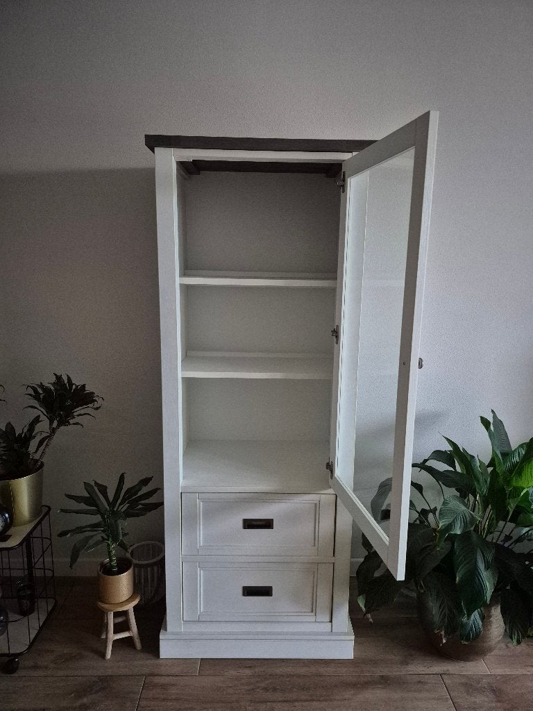 Witte vitrinekast met verlichting, glasdeur en 2 lades, Ophalen, Gebruikt, Met lade(s), 50 tot 100 cm