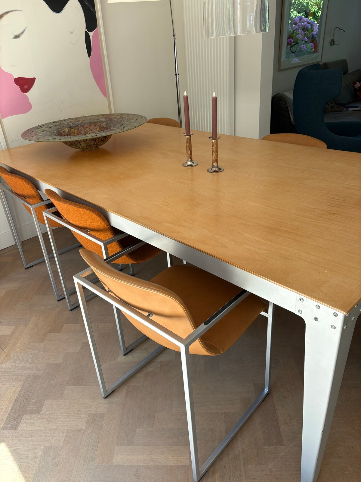 Piet Hein Eek tafel. Groot: 250 cm x 125cm + wit tafelkleed, Ophalen, Gebruikt, 100 tot 150 cm, 200 cm of meer