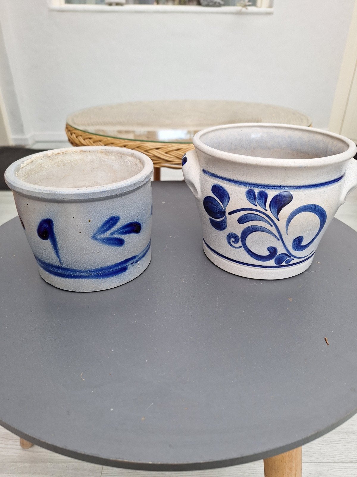 Set van 2 vintage bloempotten met blauw decor, Antiek en Kunst, Ophalen of Verzenden