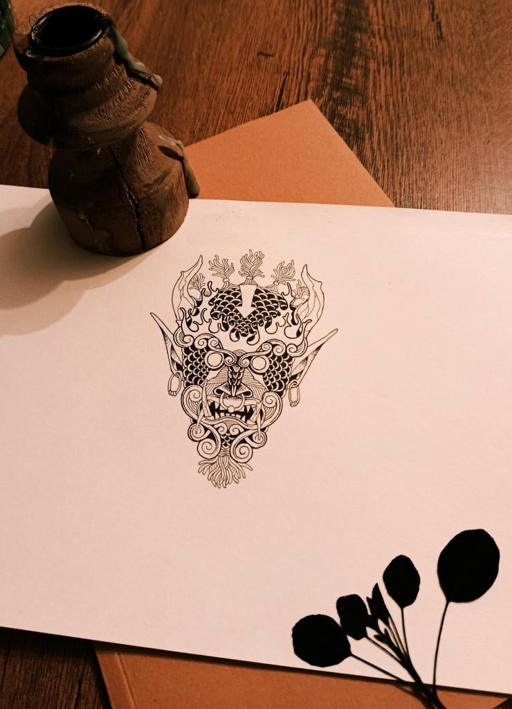 Black ink drawing "Demon Mask", Ophalen of Verzenden