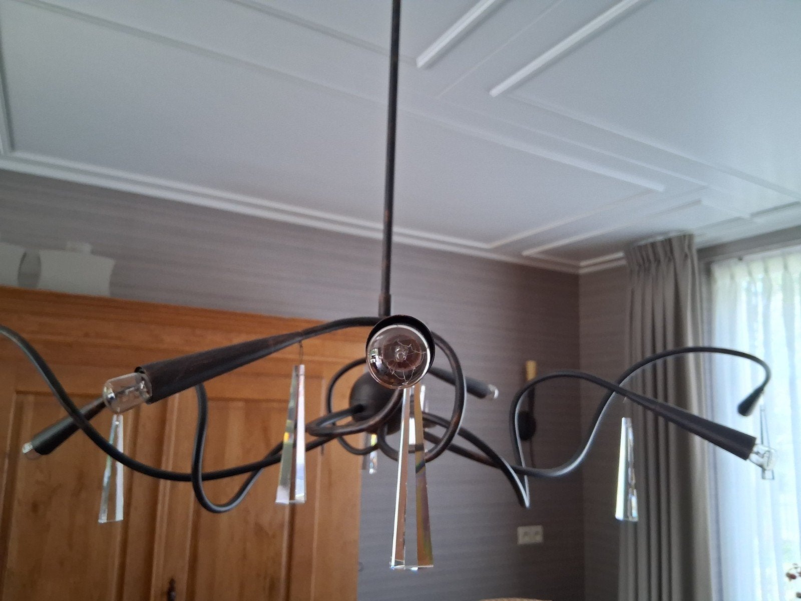 Eetkamerlamp kroonluchter brons klassiek kristallen pegels, Ophalen, Zo goed als nieuw
