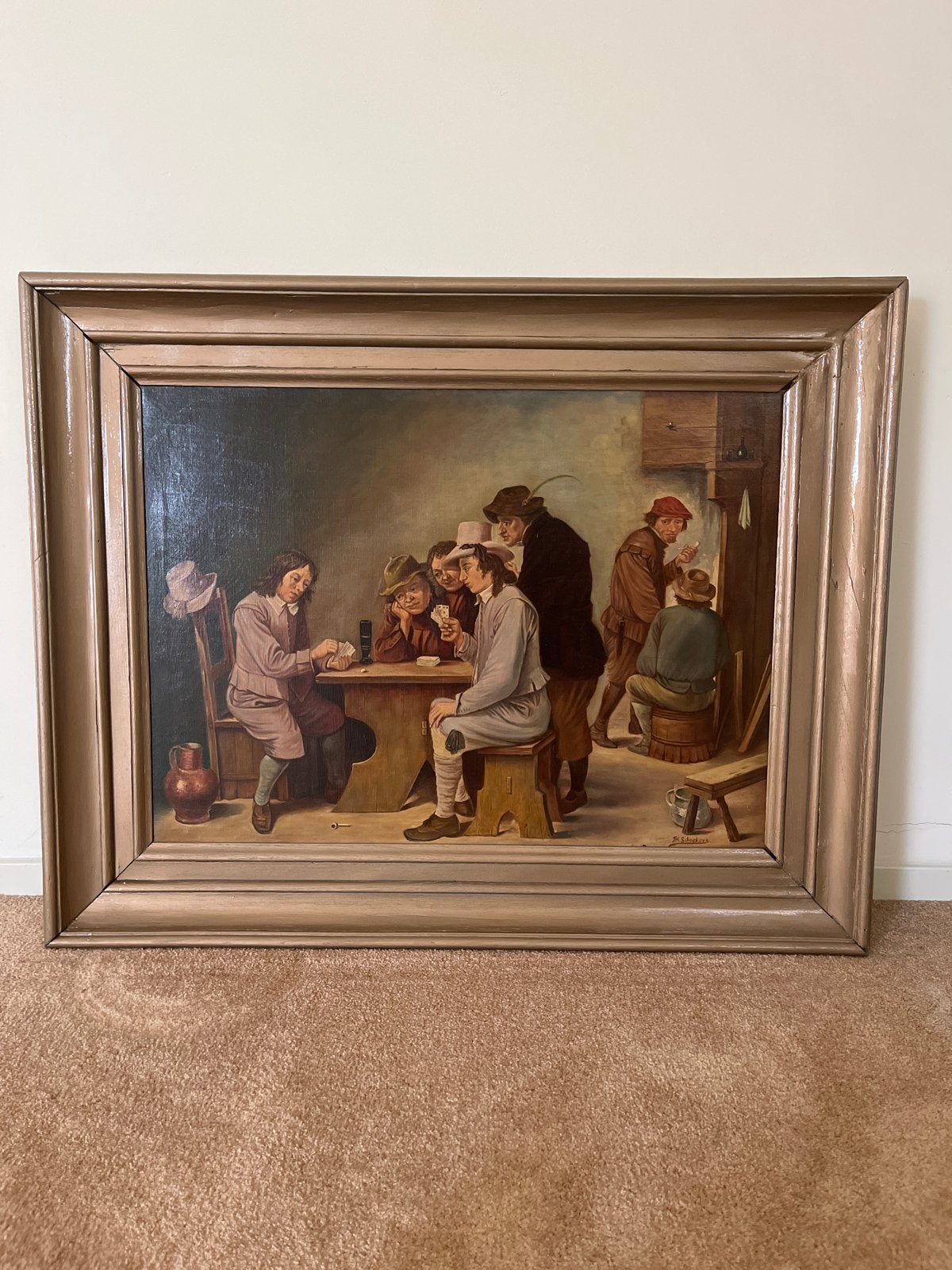 Olieverfschilderij: Kaartspelende mannen, gesigneerd, Antiek en Kunst, Ophalen, Doek, Portret of Personen, Realistisch