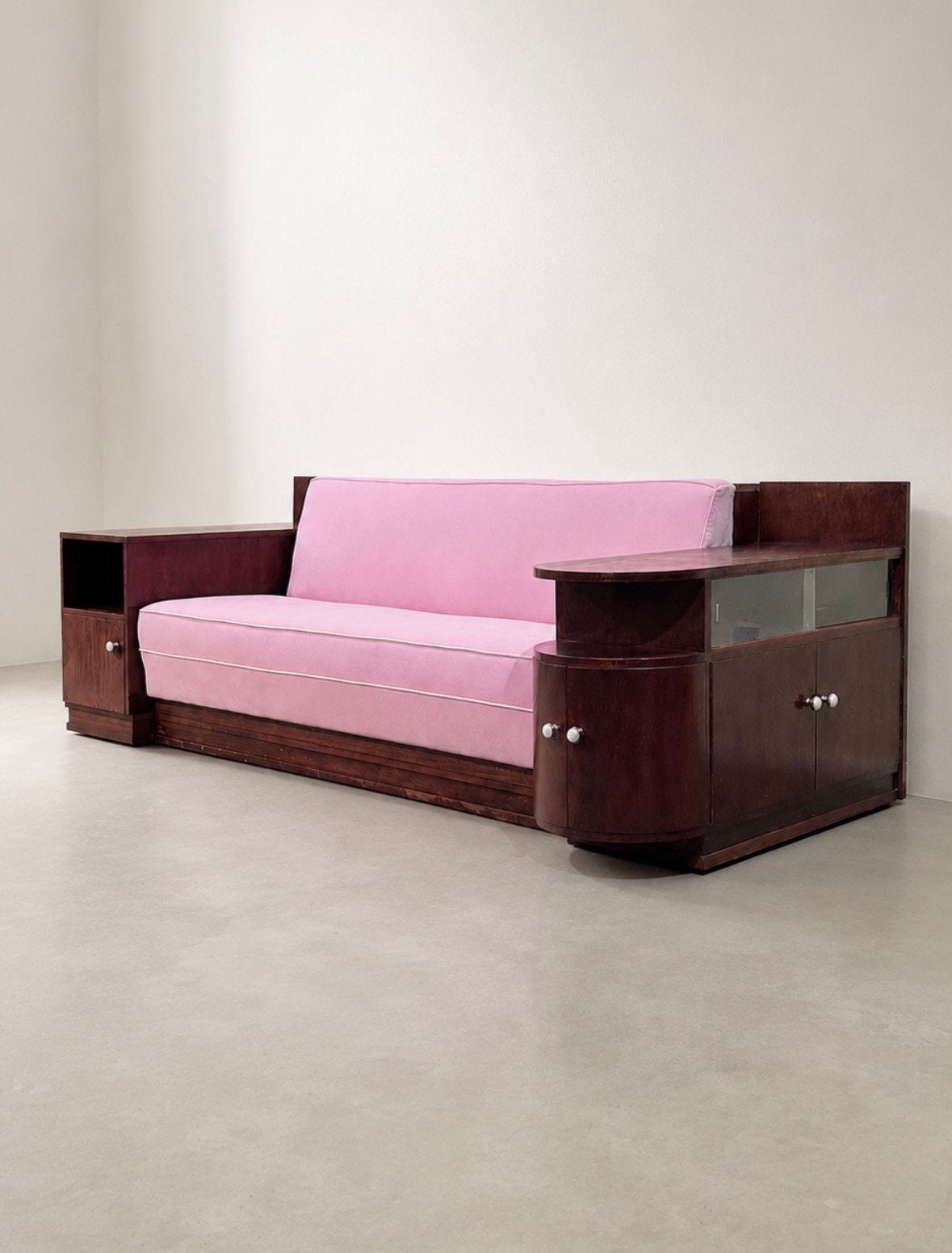 Art Deco Sofa in Blush Roze fluweel | ca. 1930 Bank, Huis en Inrichting, Eenpersoons, 75 tot 100 cm, Ophalen of Verzenden, Zo goed als nieuw