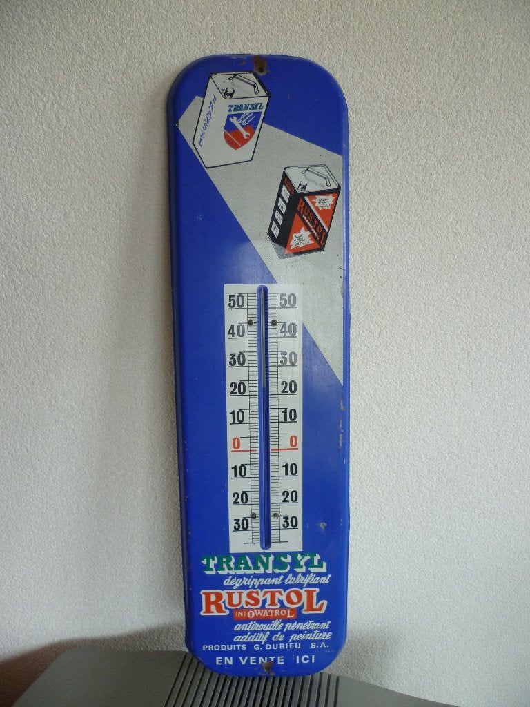 BLIKKEN RECLAME THERMOMETER"TRANSYL/RUSTOL"UIT JAREN 50/60, Ophalen of Verzenden, Gebruikt, Reclamebord