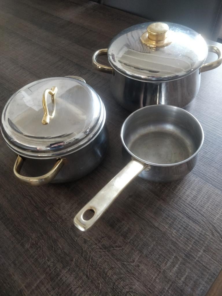 Pannenset RVS met gouden accenten - 3-delig, Ophalen, Gebruikt, Rvs, Pannenset