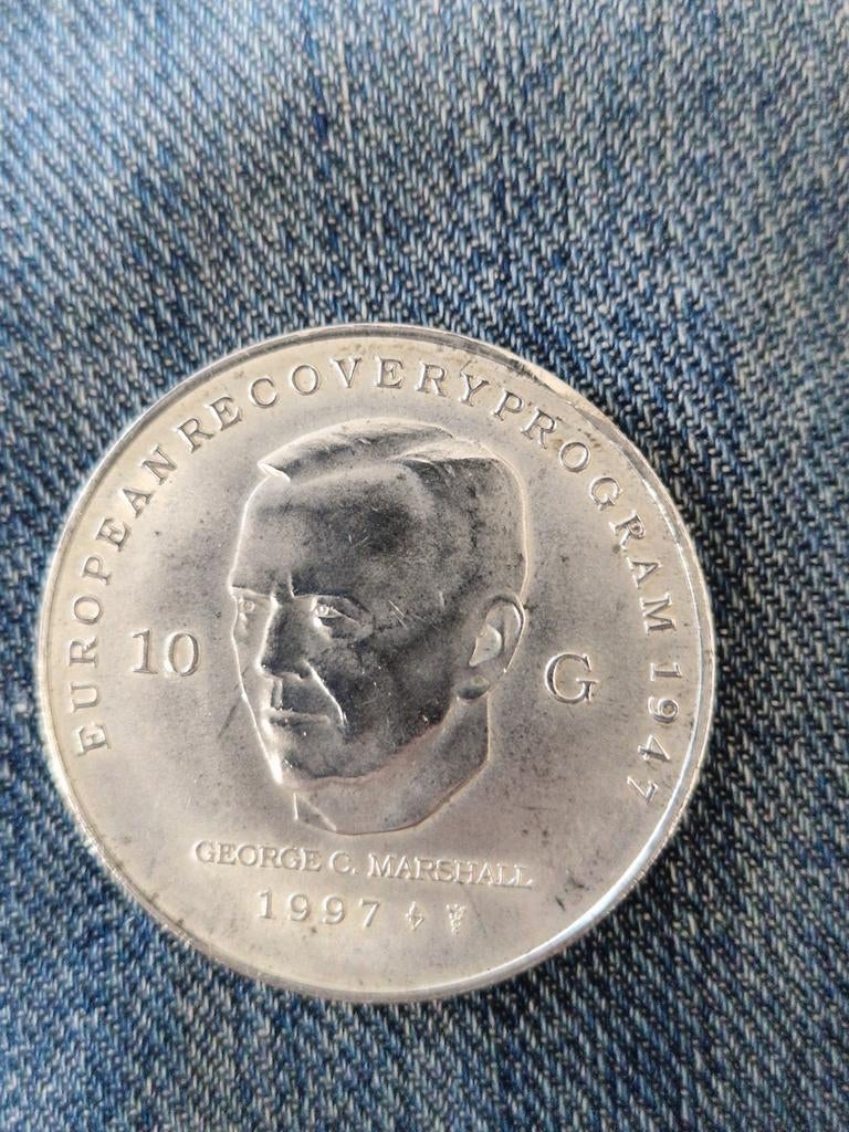 Zilveren tientje Beatrix en George C.Marshall 1997, Ophalen of Verzenden, Losse munt, Zilver