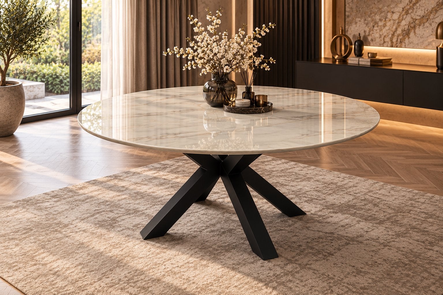 Luxe ronde tafel van echt marmer Ø130 cm Matrix stalen poot, Overige materialen, 100 tot 150 cm, Rond, Nieuw