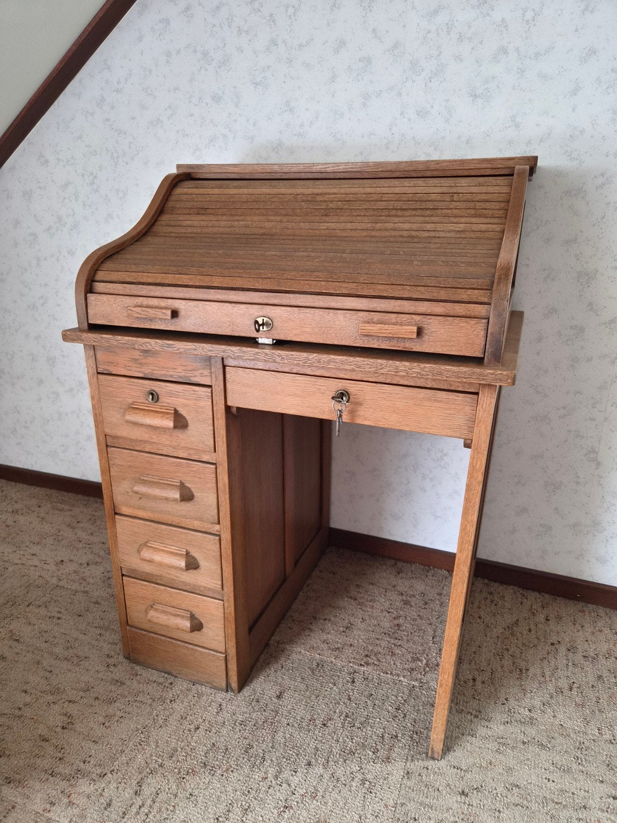 Antieke Eiken Secretaire met Rolluik en Originele Sleutels, Ophalen