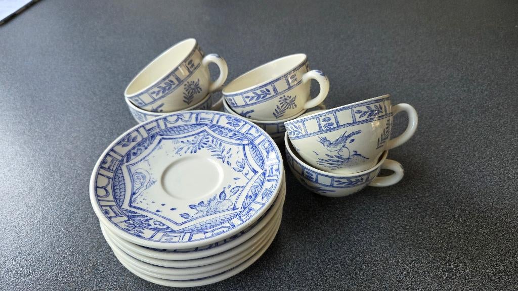 Gien Oiseau Bleu Ontbijtkop en schotel 6 stuks, Huis en Inrichting, Ophalen, Zo goed als nieuw, Overige stijlen, Kop(pen) en/of Schotel(s)