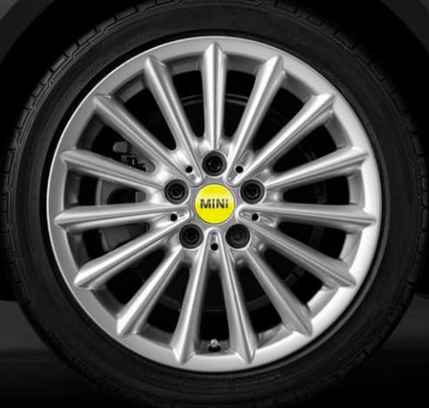 Mini naaf embleem logo set velg 56mm bright yellow nieuw 361, Gebruikt, -, Ophalen of Verzenden, Mini