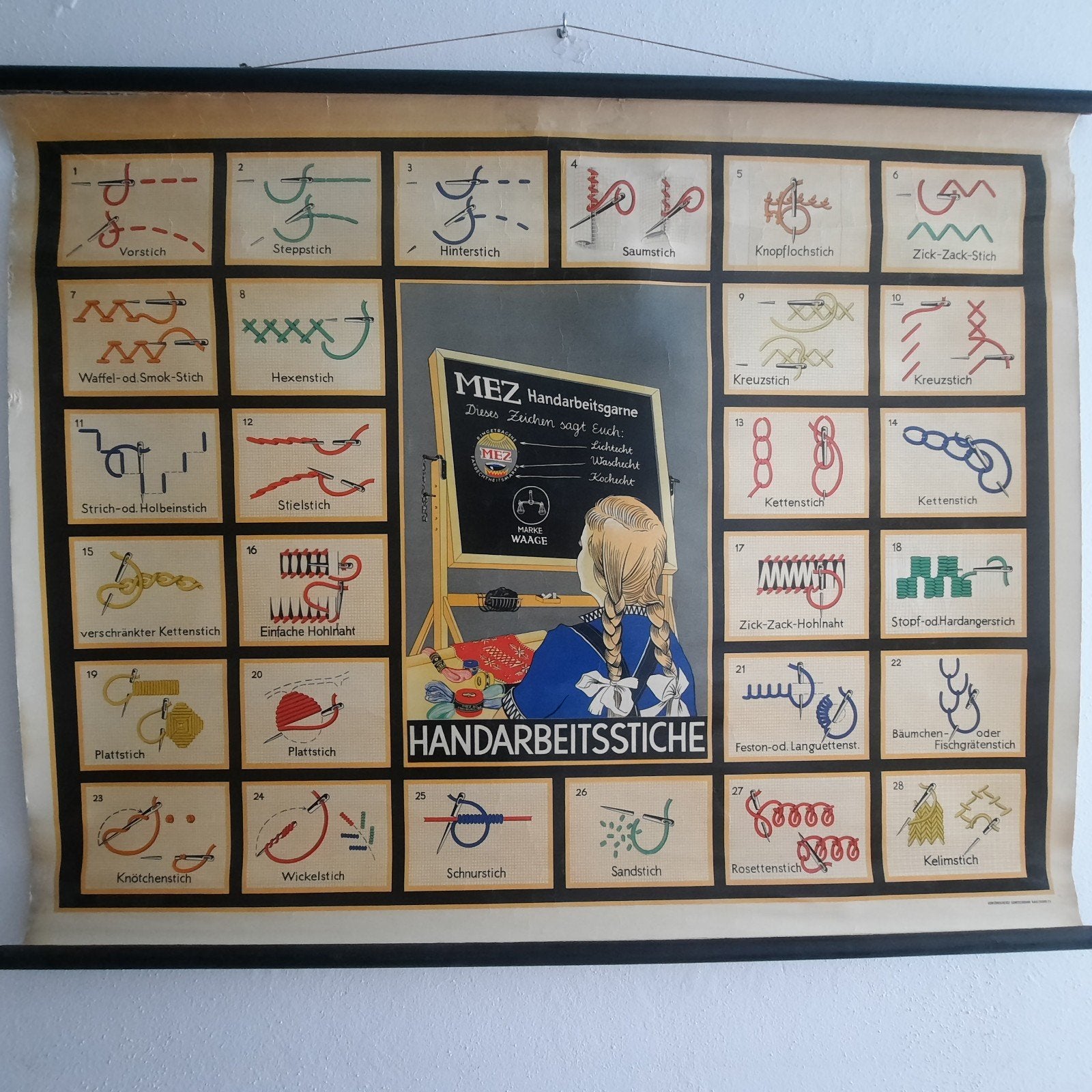 Vintage MEZ schoolposter Wandkaart Borduursteken, Ophalen, Gebruikt, Overige typen