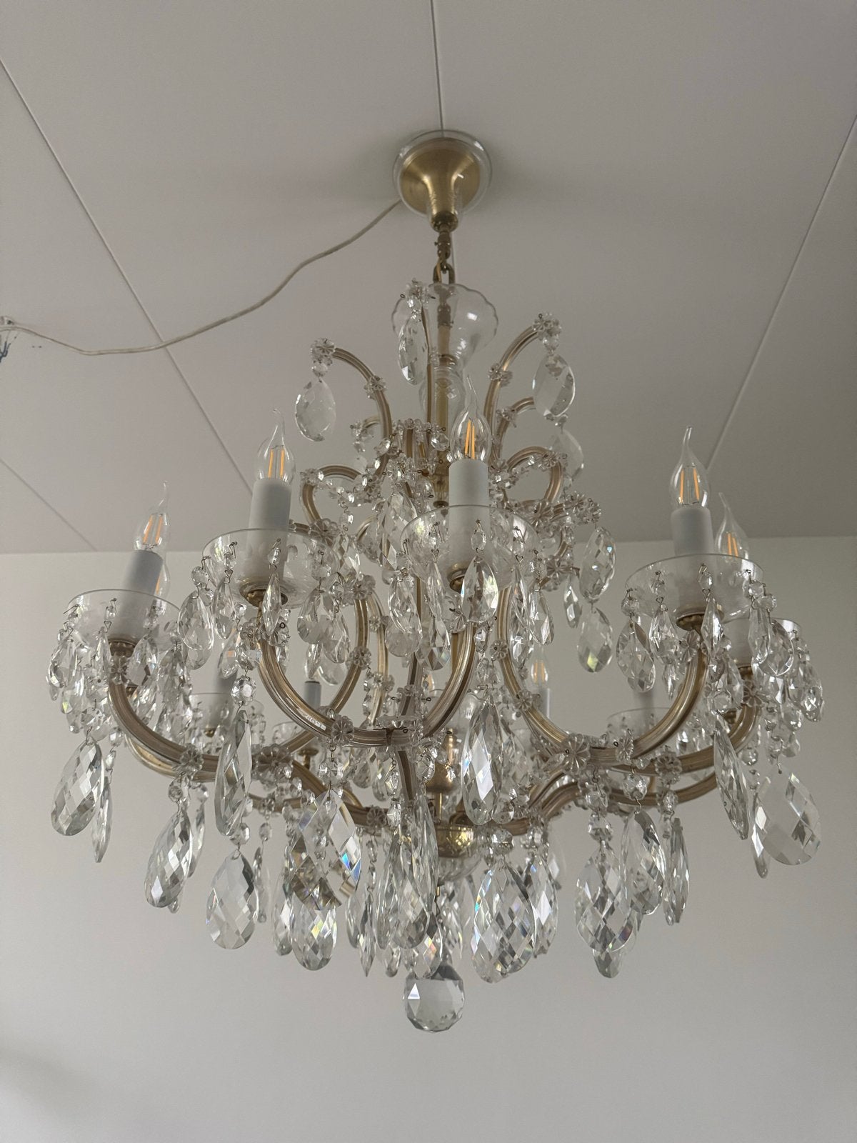 Kroonluchter met Kristallen en Gouden Details, Ophalen, Gebruikt, Glas, E14 (klein)