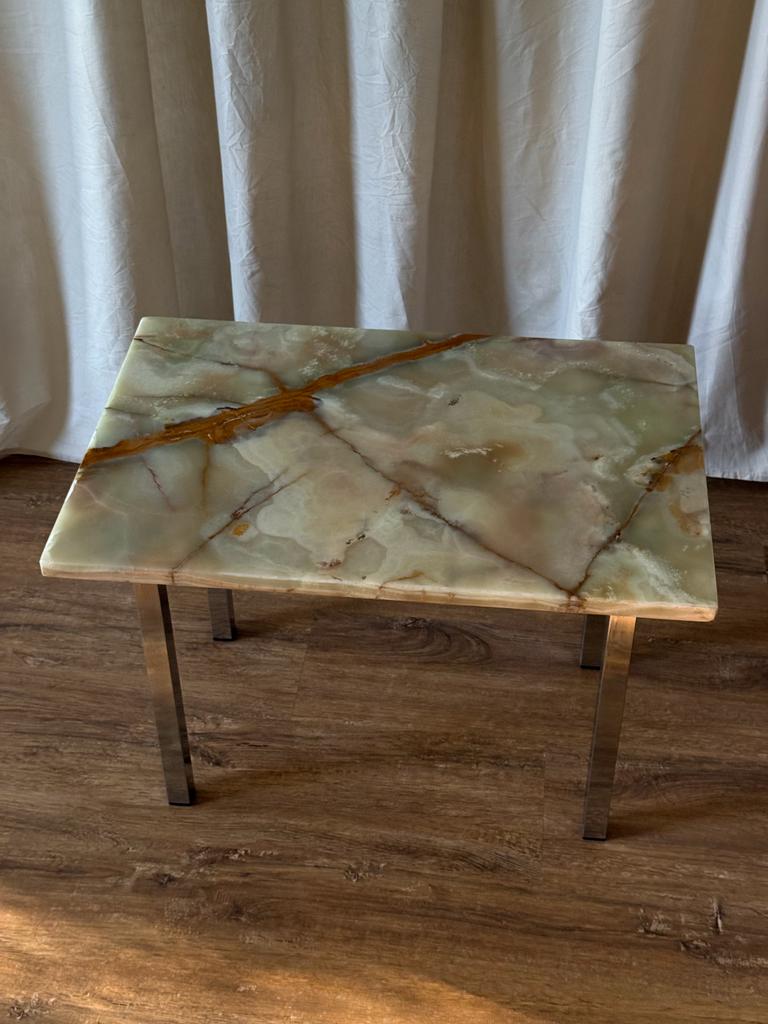 Groene Onyx marmer Bijzettafel met Chroom Poten, Overige materialen, Gebruikt, 55 tot 75 cm, Rechthoekig