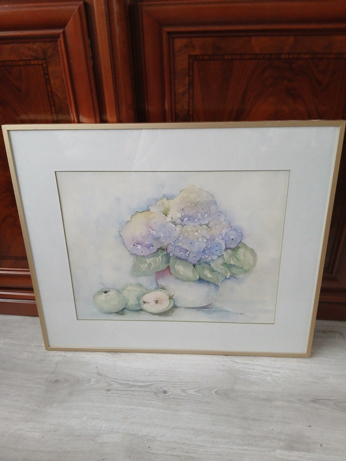 Aquarel stilleven met hortensia's en appels, gesigneerd, Realistisch, Stilleven, Ophalen of Verzenden, Aquarel