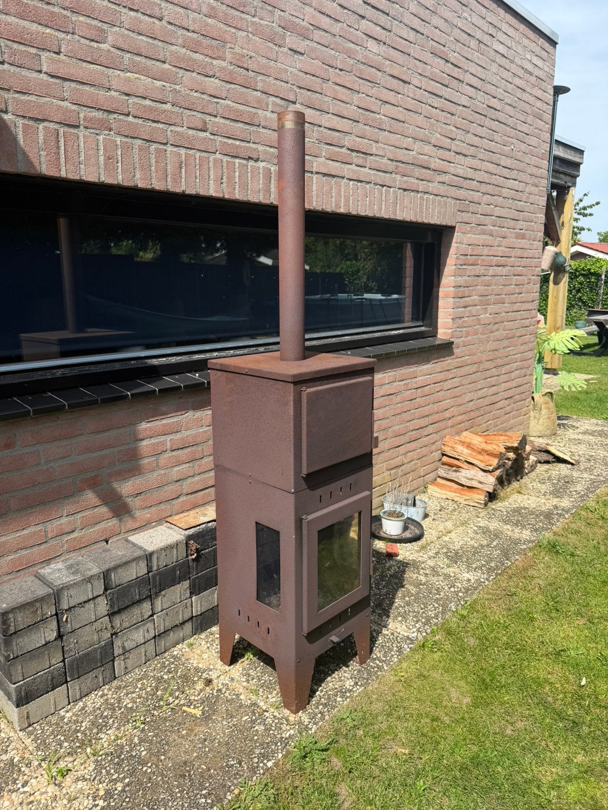 Leuke buitenkachel (hout-pallet) met pizza ovenfunctie, Ophalen of Verzenden, Gebruikt, Vuurton