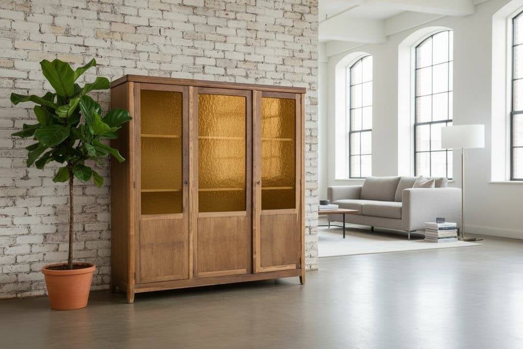 Vintage houten vitrinekast / wandkast met geel relief glas, Ophalen, Voor 1920, Utrecht