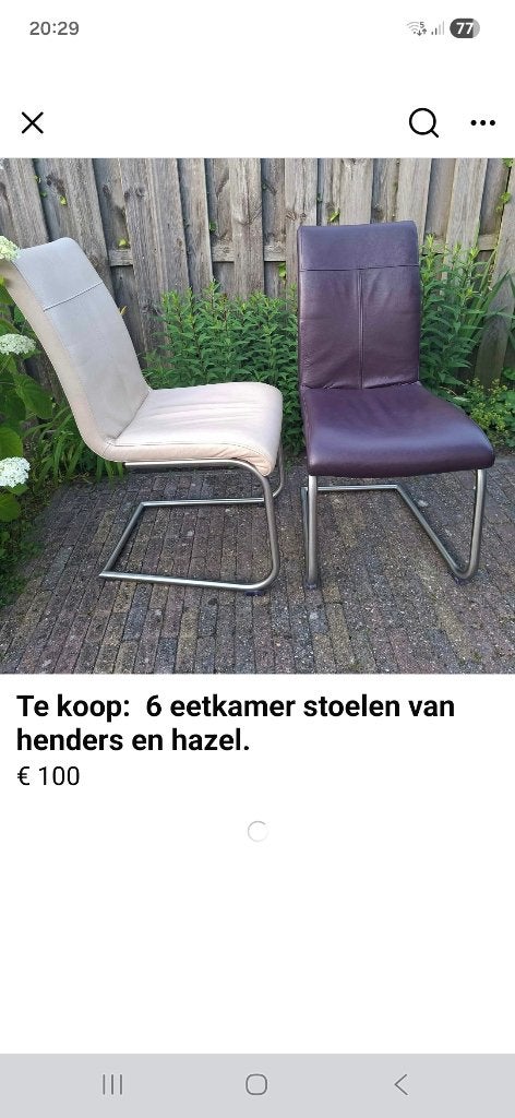 6 eetkamerstoelen. 4 paarse en 2 cremekleurig., Ophalen, Gebruikt, Overige kleuren, Leer