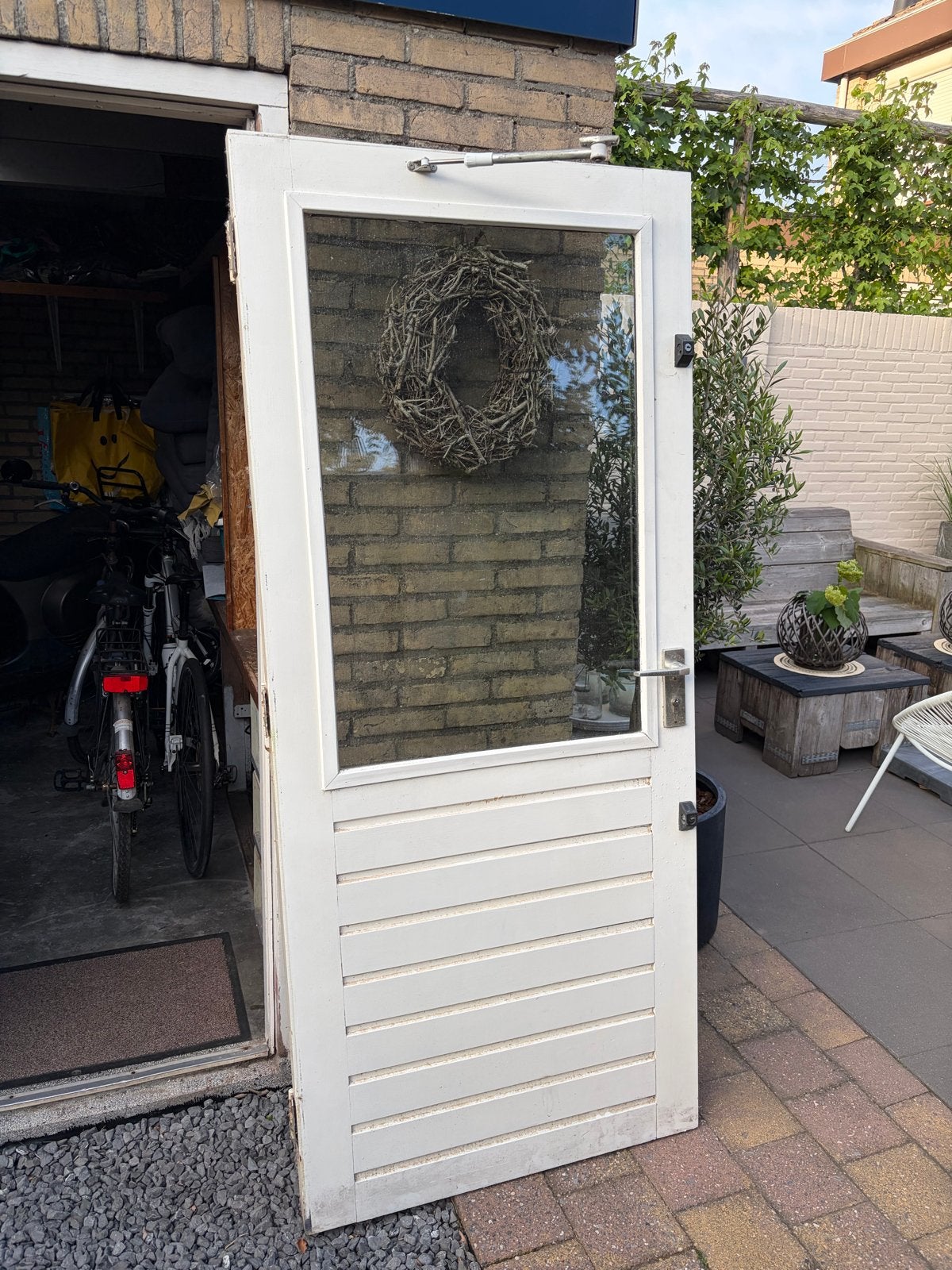 Witte buitendeur met glas en lamellen 201,5x88, Ophalen, Gebruikt, 80 tot 100 cm, Buitendeur