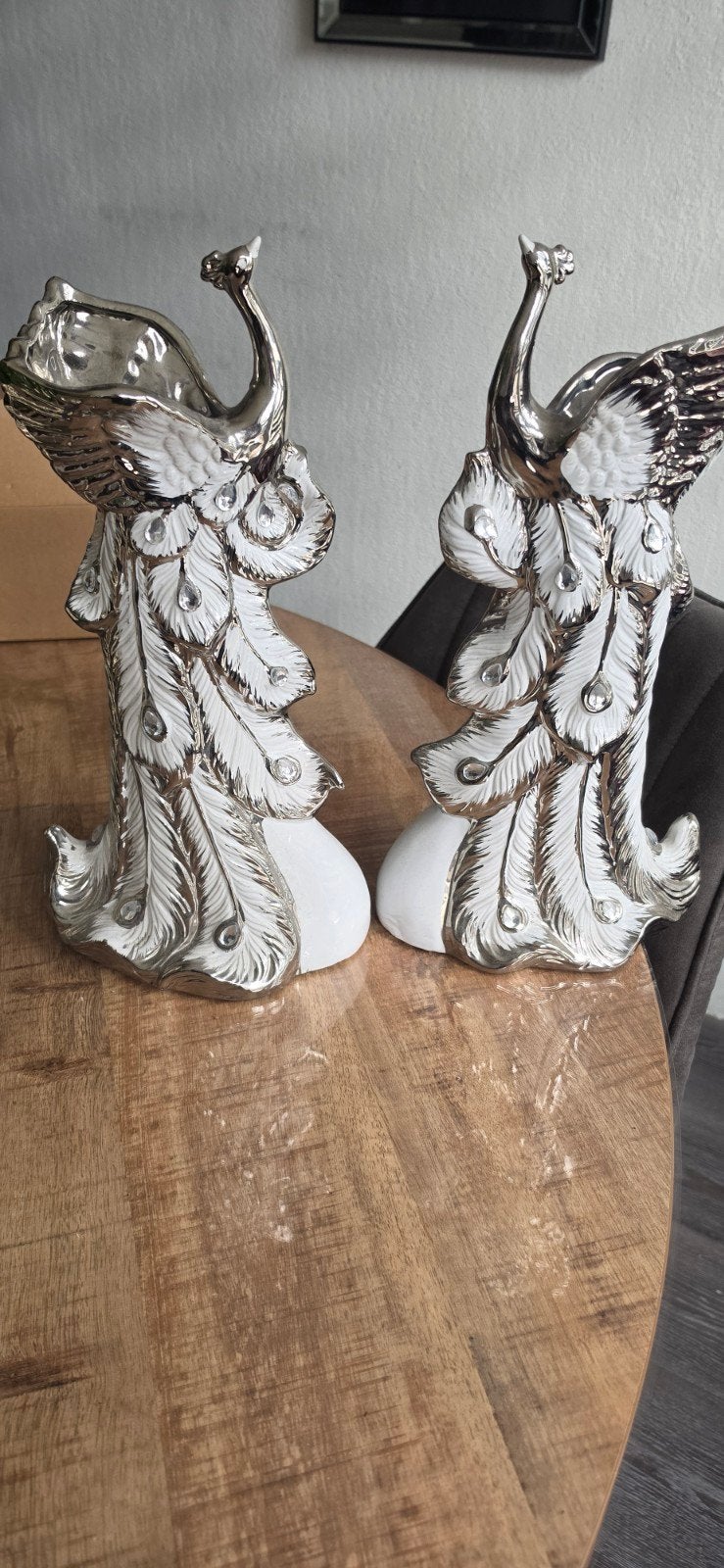 Set van 2 Pauwen Beelden - Wit Zilver - 40 cm, Ophalen of Verzenden, Zo goed als nieuw, Wit