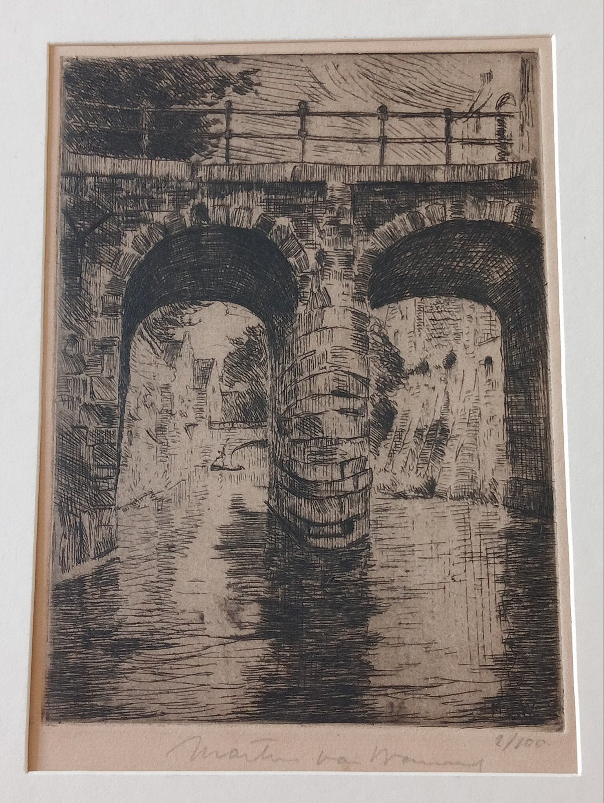 Martin van Waning Ets Brug in Delft., Ophalen of Verzenden