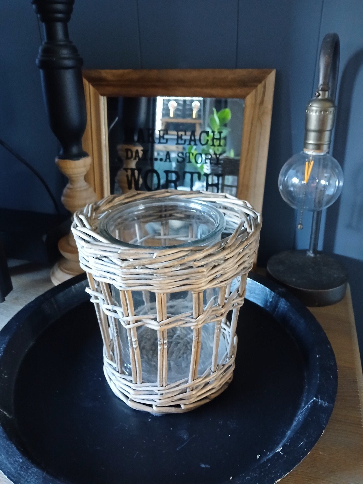 windlicht rotan met glas, Windlicht, Ophalen of Verzenden, 20 cm, Glas