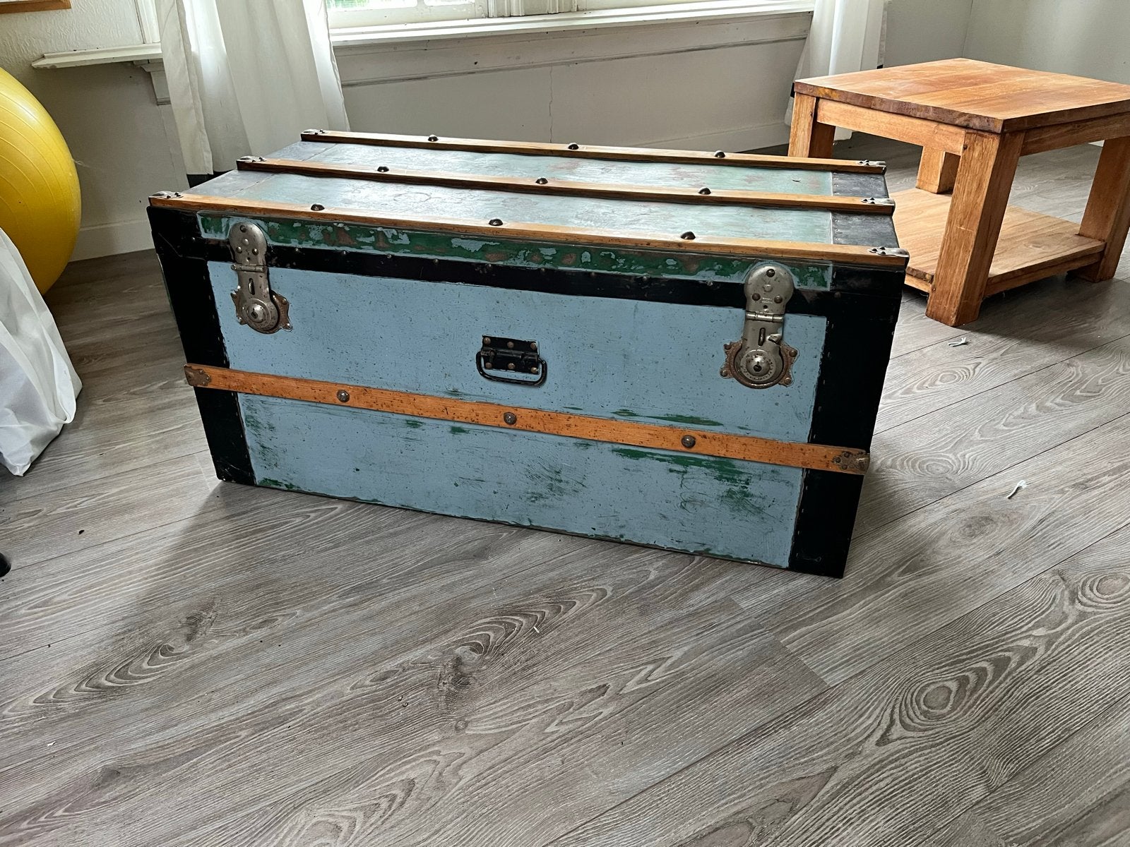 Vintage Koffer / Kist - Blauw met Houten Details, Ophalen
