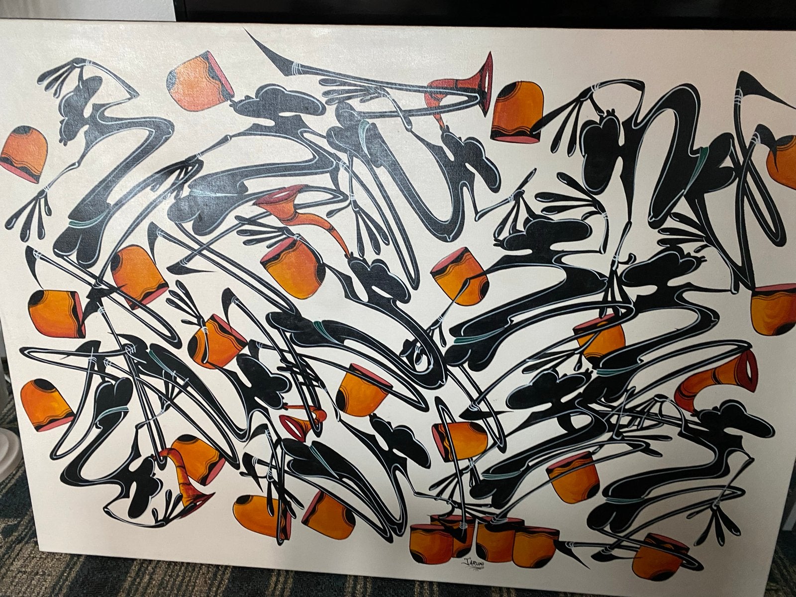 Jaruph Kibira schilderij, zwart-wit, muziekanten, Tanzania, Antiek en Kunst, Ophalen