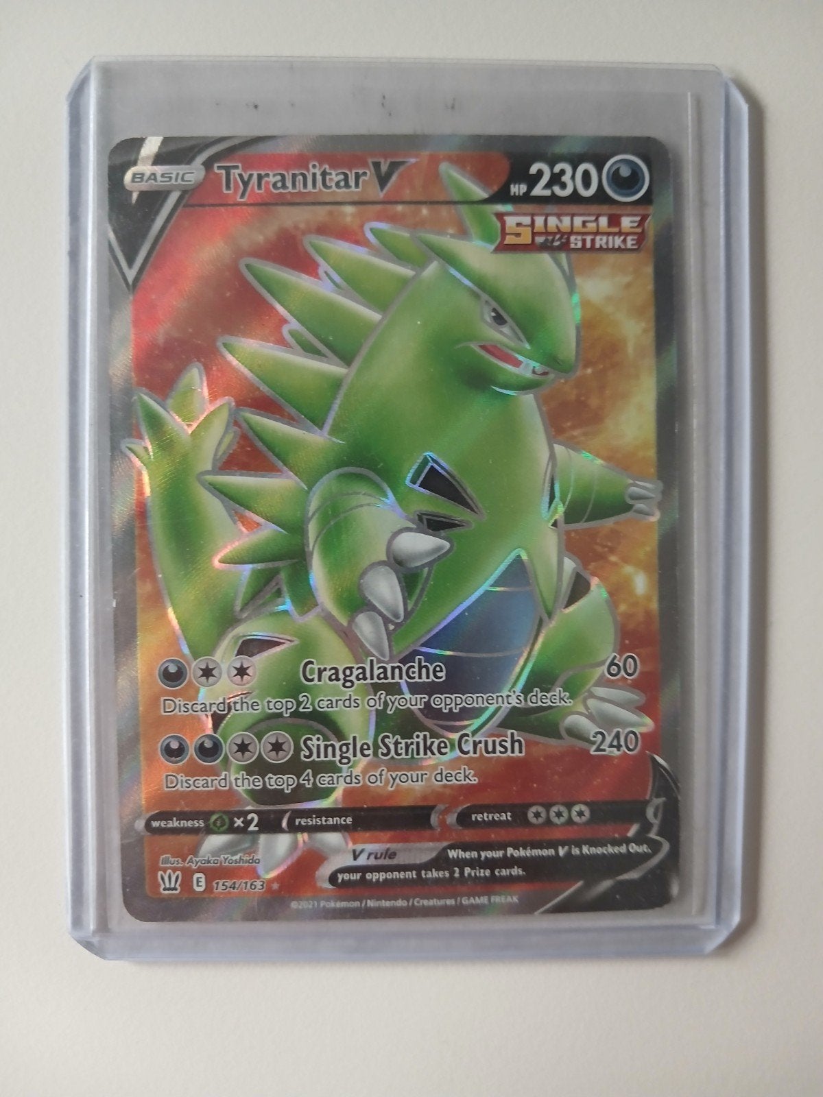 Pokémon Kaart: Tyranitar V (Single Strike) 154/163, Ophalen of Verzenden, Zo goed als nieuw, Losse kaart, Foil