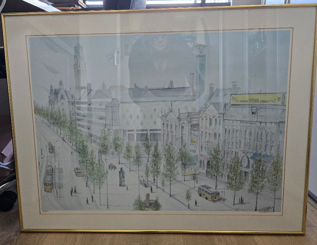 Grote lijst prent 80x60 - Oud Rotterdam Coolsingel Vroeger, Antiek en Kunst, Ophalen