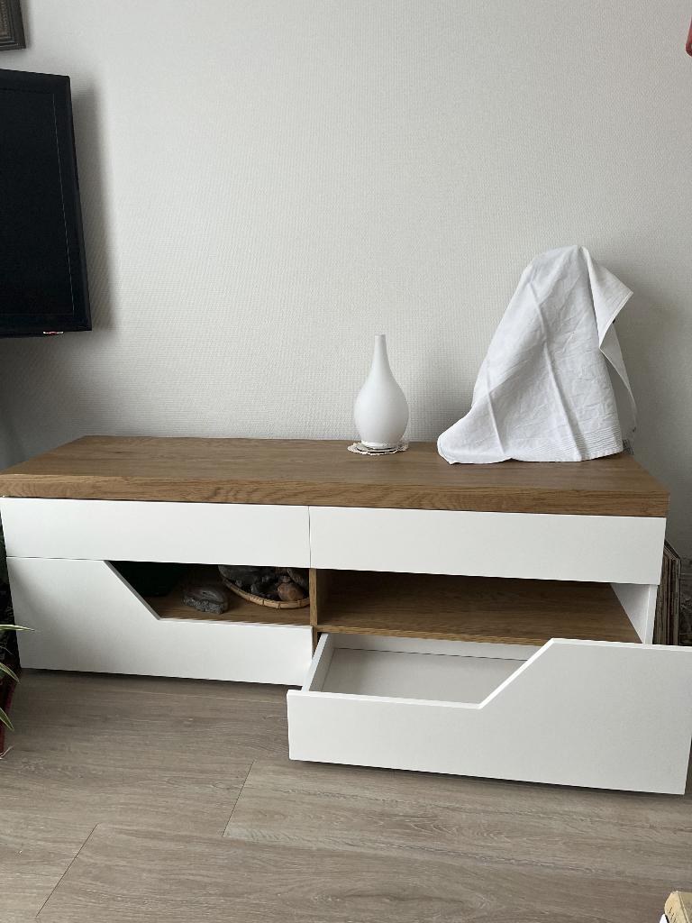 Audio-/TV-meubel wit met licht eiken blad, Huis en Inrichting, Kasten | Televisiemeubels, Ophalen, 100 tot 150 cm, Zo goed als nieuw