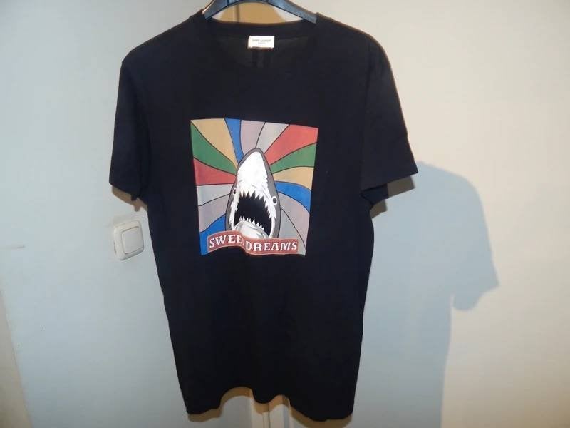 Saint Laurent zwart shirt opdruk old look voorkant kleur L, Maat 52/54 (L), Verzenden, Zwart, Gedragen