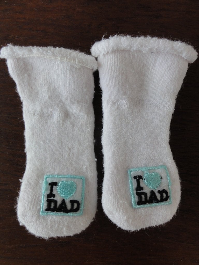 Sokken / sokjes / babysokjes tekst i love dad, Kinderen en Baby's, Ophalen of Verzenden, Zo goed als nieuw, Jongetje of Meisje