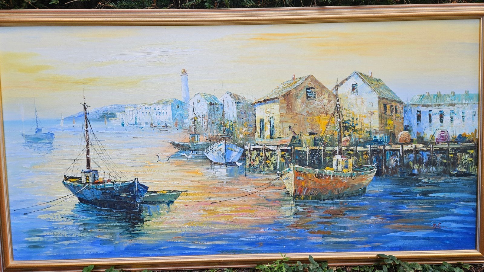 Kleurrijk zeezicht bij zonsondergang, 130 x 67 cm, Antiek en Kunst, Ophalen, Maritiem / water, Handgeschilderd, Doek