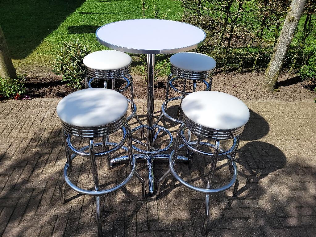 4 Amerikaanse Bel Air barkrukken + bar tafel sixties fifties, Ophalen, 60 tot 90 cm, Met voetsteun, Zo goed als nieuw