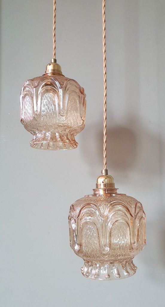 Set Vintage Amber / Champagne / Rosé hanglampen - midcentury, Vintage, hollywood regency, Mid century, E27 (groot), Ophalen of Verzenden