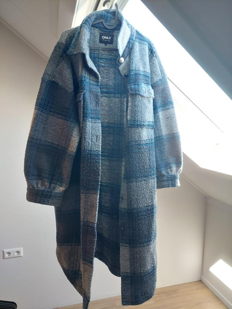 ONLY geruite lange shacket jas in blauw/grijs maat M, Maat 38/40 (M), Blauw, Ophalen of Verzenden, ONLY