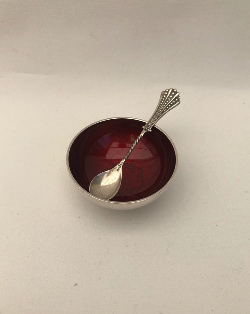 Zilver emaille zoutvaatje + lepeltje - Meka Denmark, Ophalen of Verzenden