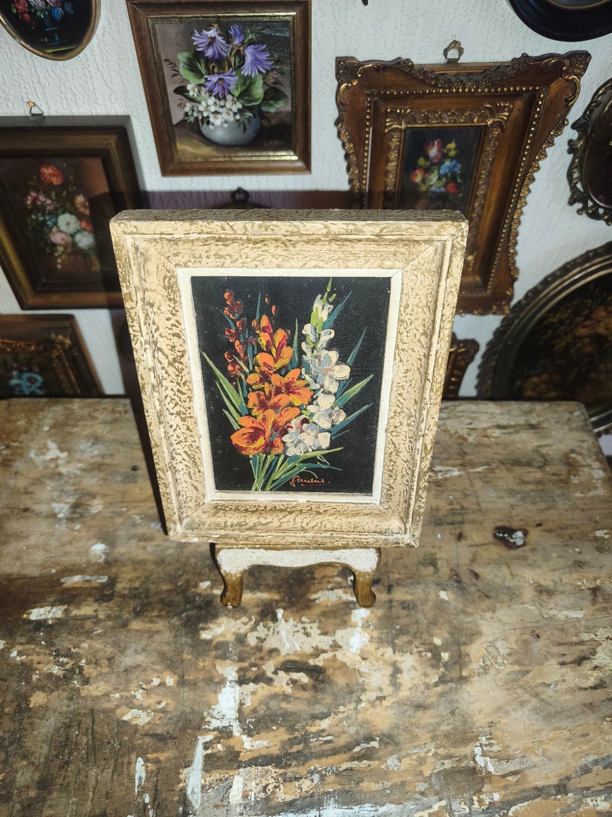 oud schilderijtje schilderij lijst stilleven bloemen S14, Antiek en Kunst, Ophalen of Verzenden