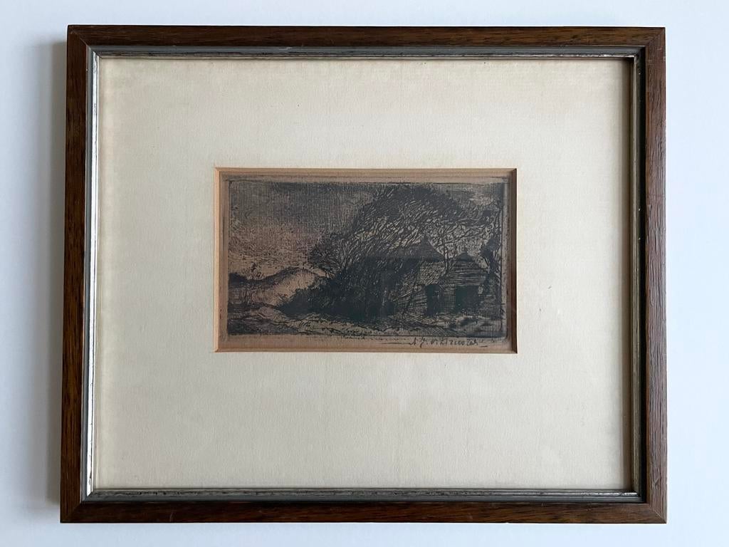 Ingelijste ets Arend Jan van Driesten Leidse school schilder, Ingelijst, Ets, 23 cm, 19 cm