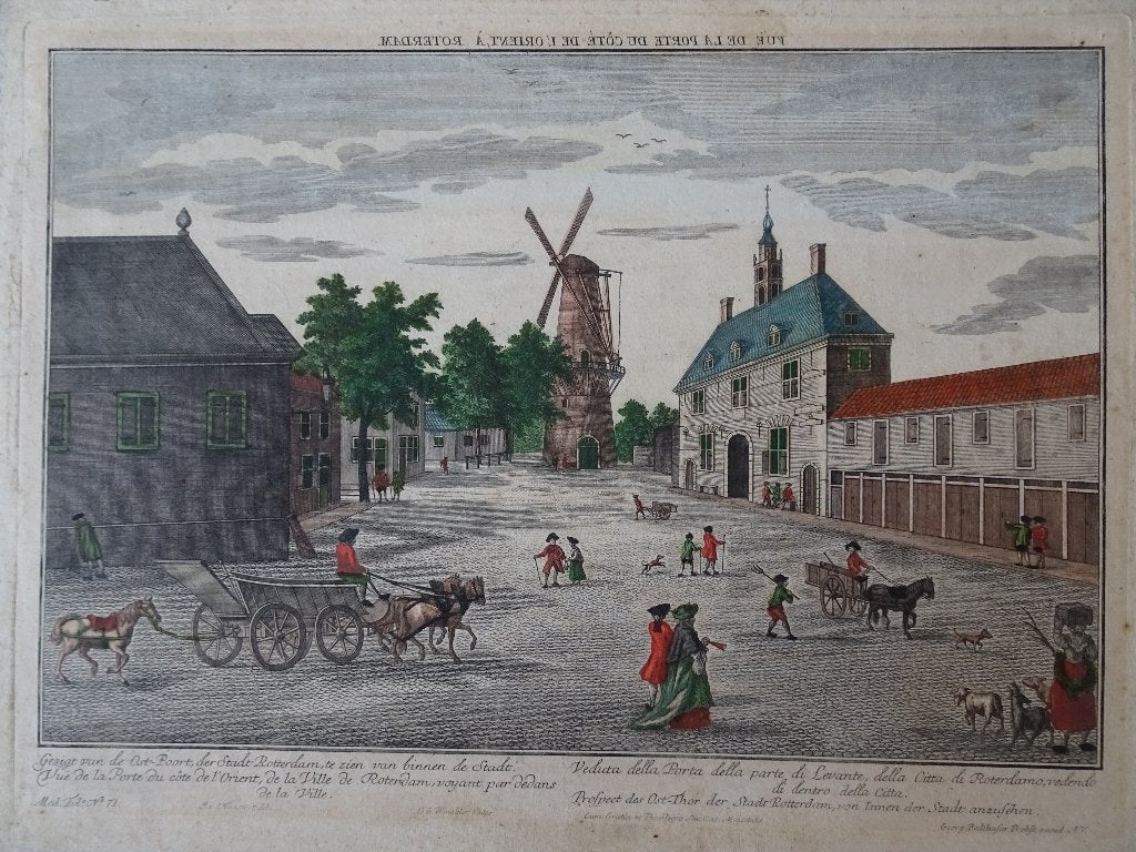 opticaprent Gezicht Oostpoort Rotterdam Georg B. Probst 1750, Antiek en Kunst, Stadsgezicht, Ophalen of Verzenden, Gravure, Origineel