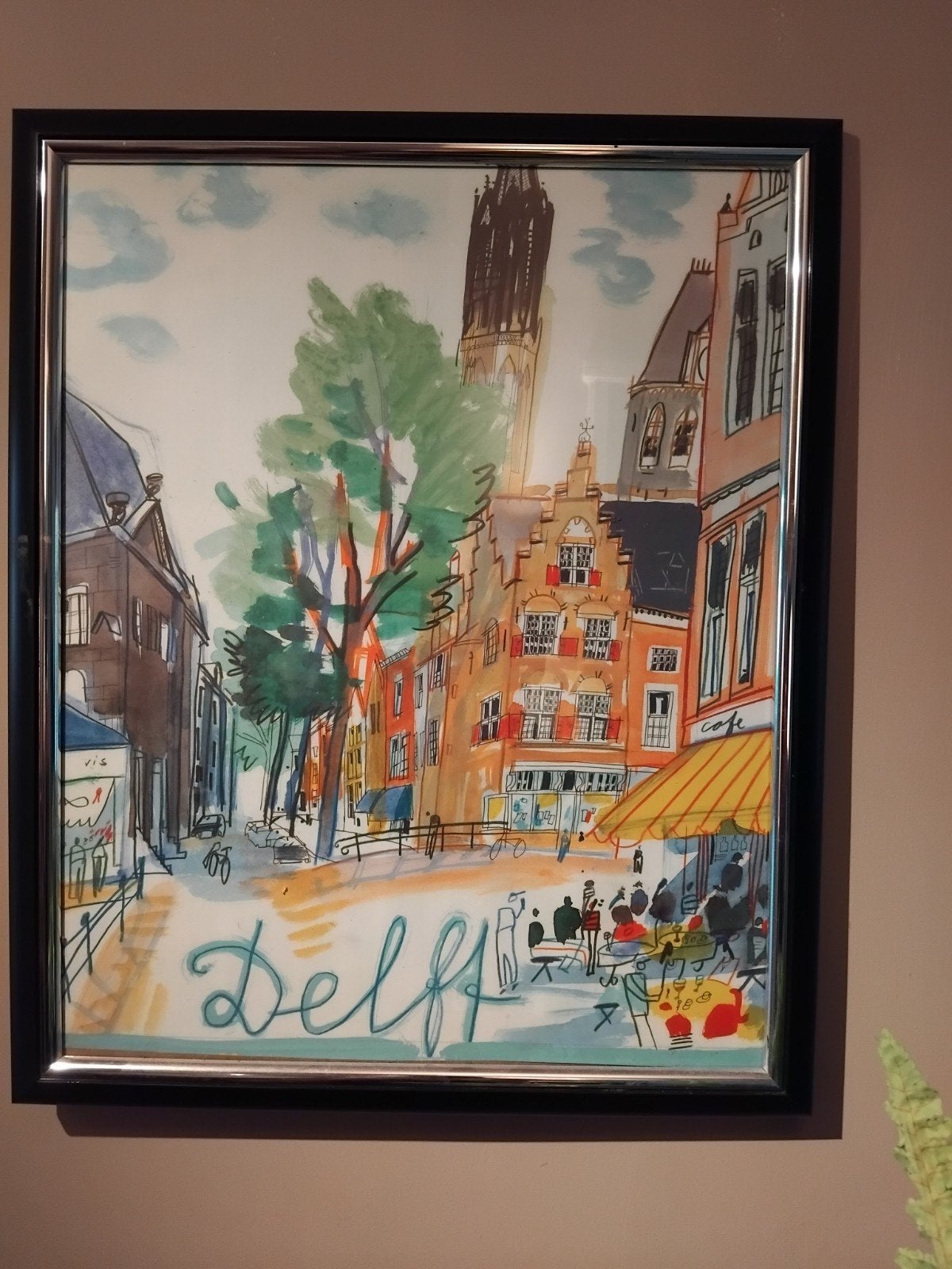 Vintage Stadsgezicht Delft Print - Ingelijst, Antiek en Kunst, Ophalen of Verzenden