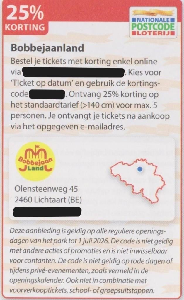 Bobbejaanland. Lichtaart. Belgie. 25% korting. Postcode bon., Tickets en Kaartjes, Recreatie | Pretparken en Attractieparken, Drie personen of meer