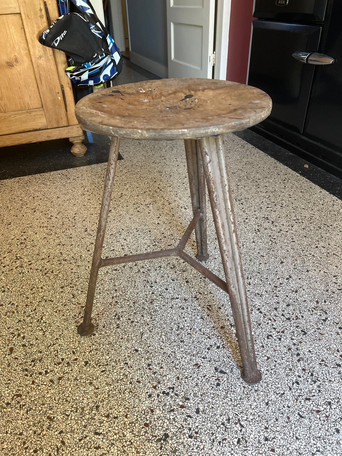 Antiek industrieel krukje - Vintage werkplaatskruk, Ophalen, Gebruikt, Hout