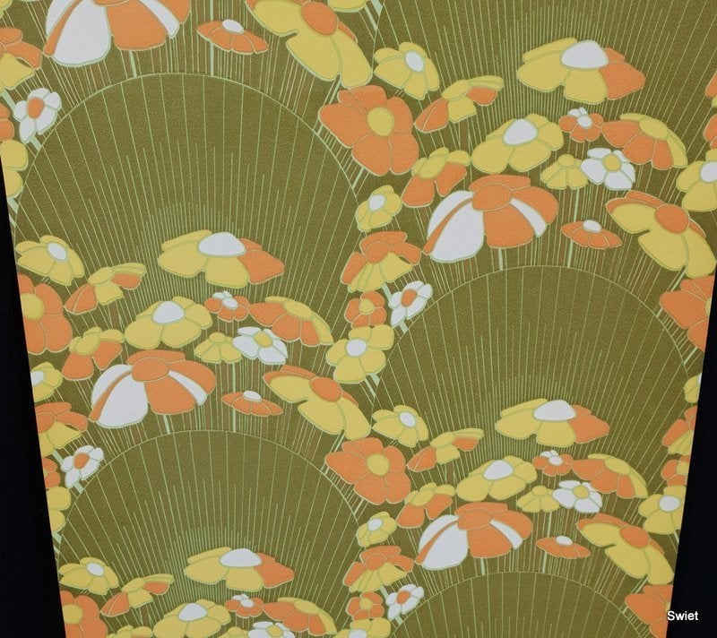 13193 Vintage retro bloemenbehang met grafisch patroon swiet, Ophalen of Verzenden, Groen