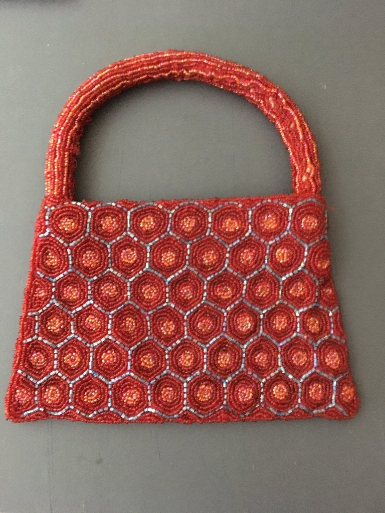 Kralen tas 2: Donkerrood licht blauw oranje., Antiek en Kunst, Ophalen of Verzenden, Dames