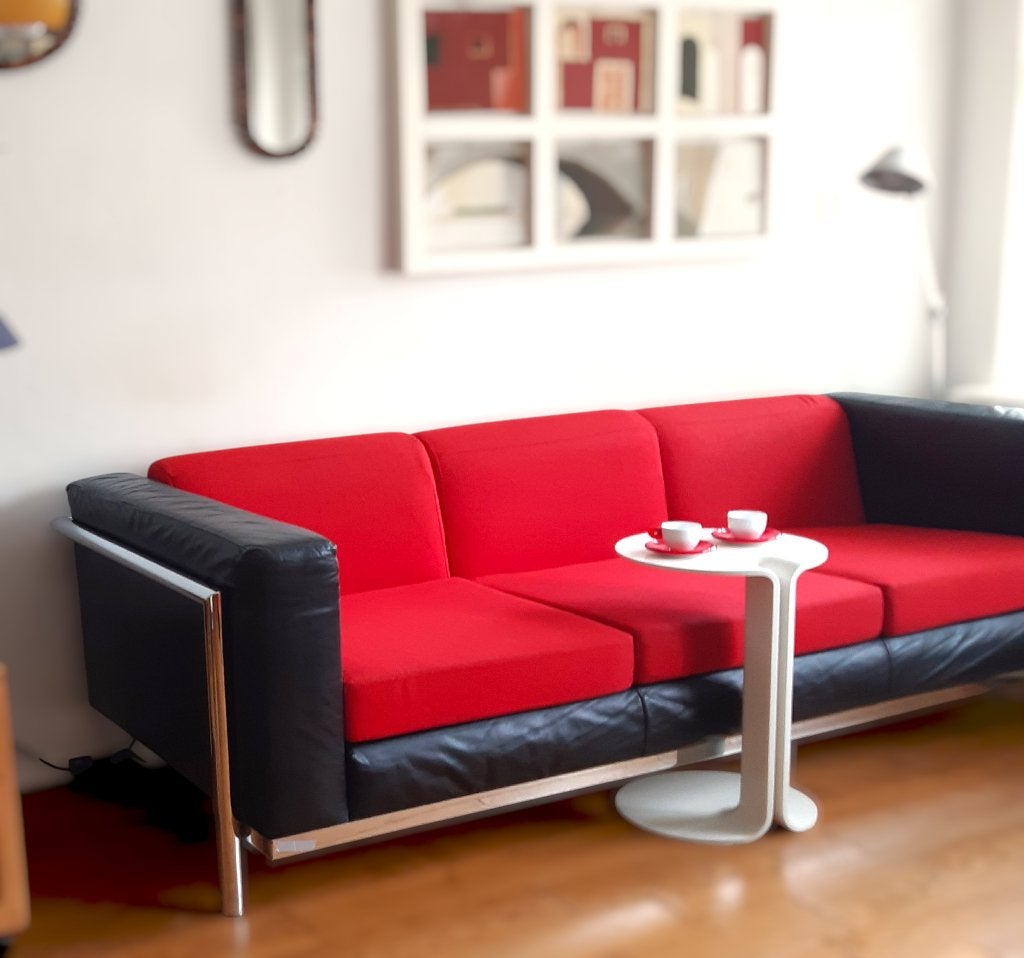 Harvink 3 zits bank, chroom onderstel leer en stof kussens, Ophalen, Gebruikt, Leer, Modern Nederlands design