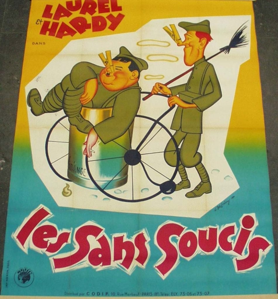 Grote affiche voor "Les sans soucis" met laurel & hardy., Rechthoekig Staand, Ophalen of Verzenden, Zo goed als nieuw, A1 t/m A3