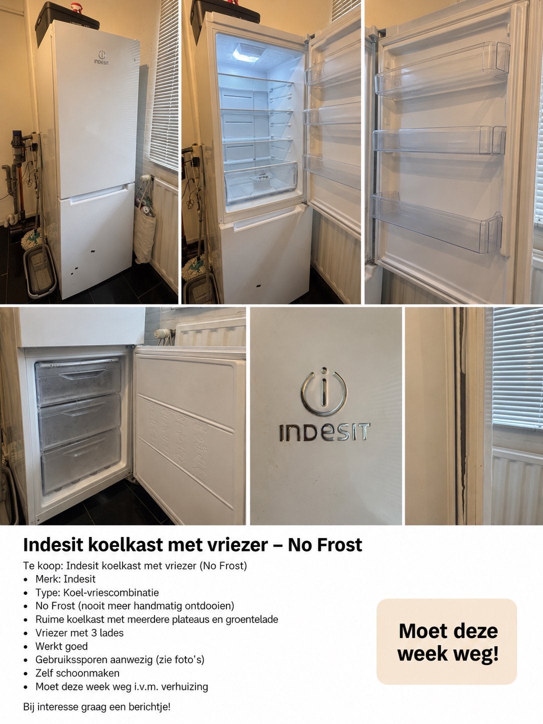 Indesit Koel-vriescombinatie - No Frost - Moet snel weg!, Witgoed en Apparatuur, Ophalen, Gebruikt, 200 liter of meer, 60 cm of meer